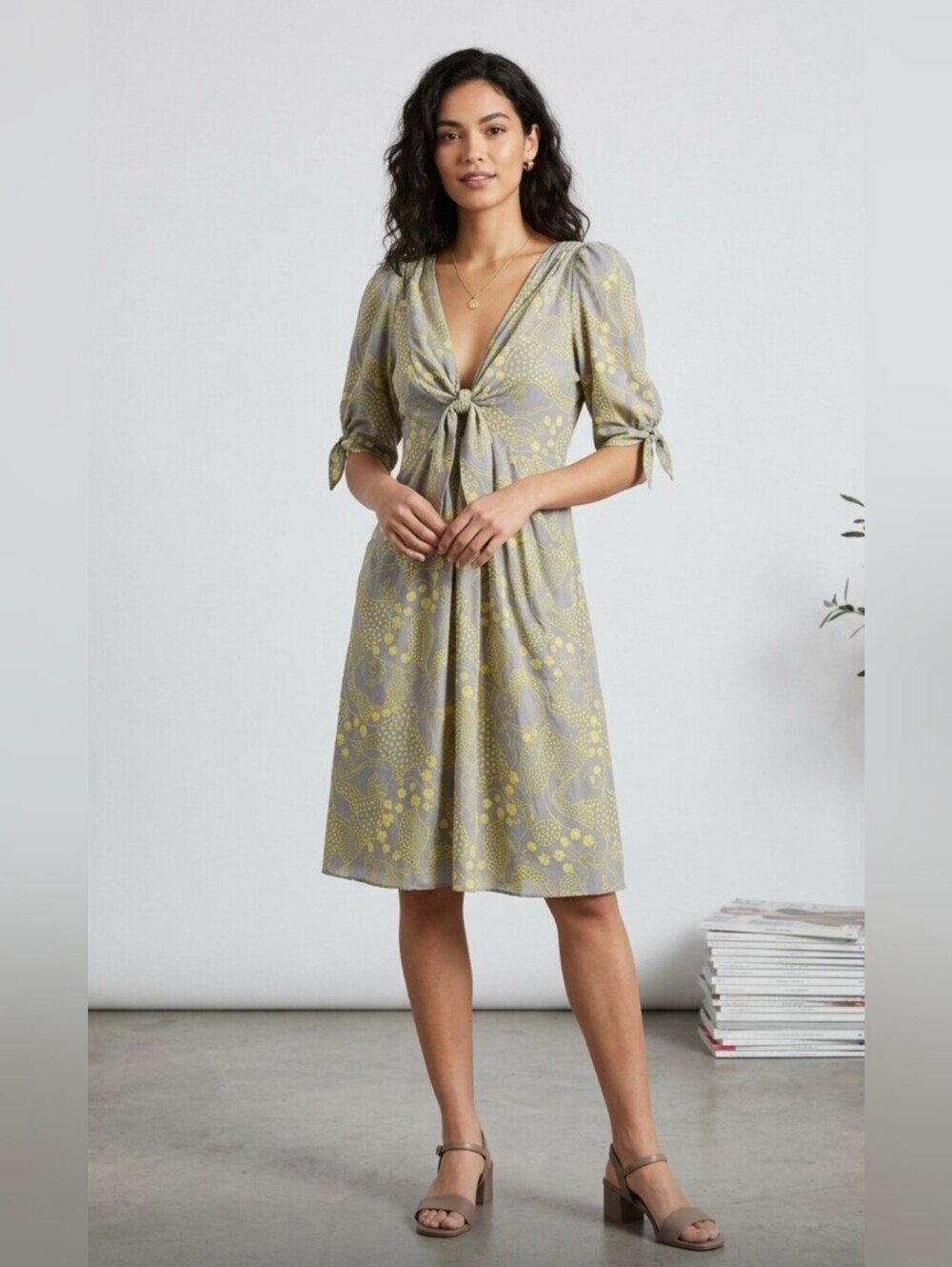 Yoana Baraschi Gray Dress With Pockets with Yellow Floral Print Size XS